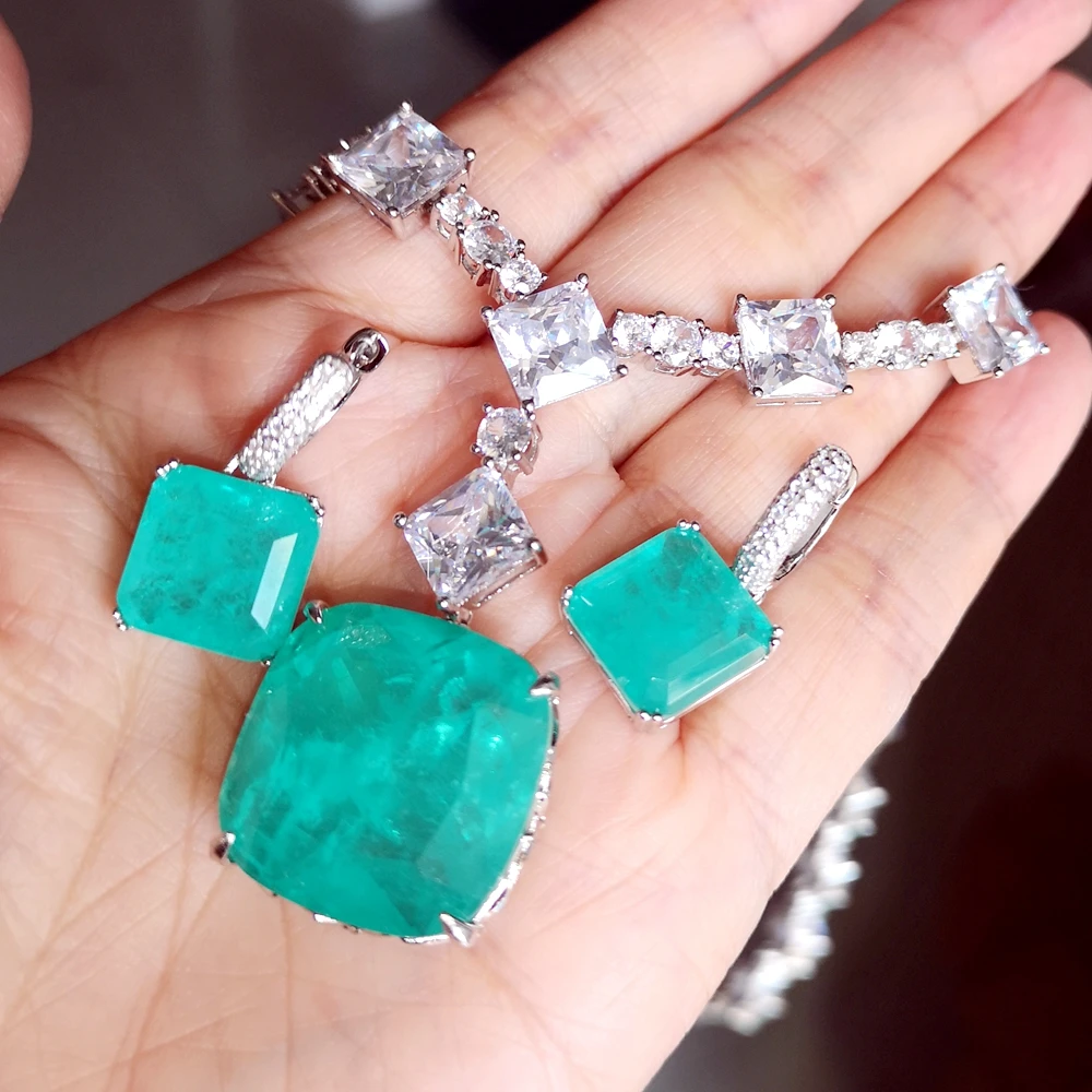 KQDANCE Large Emerald Cut Lab Paraiba Tourmaline Pariba Diamond Simple Chain Copper Necklace/925 Silver Earrings Jewelry Set