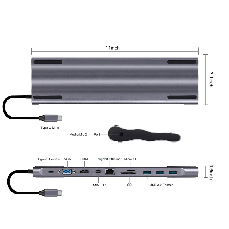 11 в 1 многофункциональный концентратор usb type C док-станция Алюминиевый USB к HDMI кард-ридер RJ45 PD для MacBook зарядное устройство аудио usb-хаб