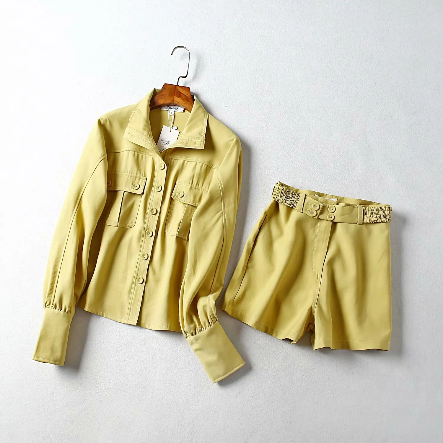 Leisure White Two Piece Set Women Long Sleeve Lapel Shirts High Waist Shorts Korean Ladies Set