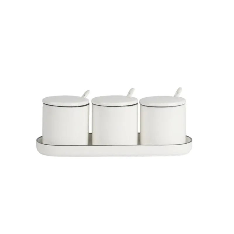 280ML 9.5 oz Porcelain Condiment Jars Pot Ceramic Spice Jars Kitchen Canisters Seasoning Box Condiment Serving Set Salt Cellar Pepper Box Sugar Bowls Containers with Lid Spoon and Tray Set of 3