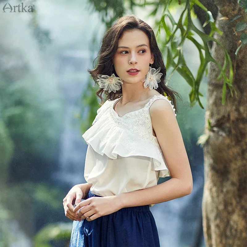 artka-2020-spring-summer-new-women-blouse-elegant-ruffle-lace-skew-collar-tank-top-shirt-fashion-bead-design-top-shirts-ba25004x