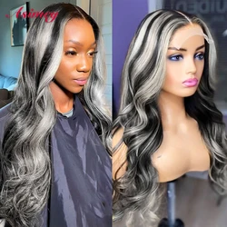 Asimey Grey Blonde Highlight Colored Wig Body Wave 13X4 Lace Front Straight Wigs 32in Remy 180 Density Human Hair Wavy For Women