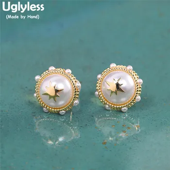 

Uglyless Stars Octagon Natural Pearls Studs Earrings for Women Gold Real 925 Silver Starlight Brincos Bijoux Elegant Dress Jewel