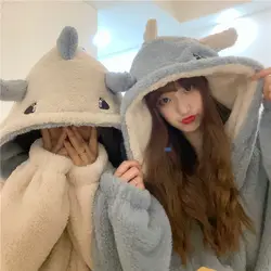 Thickened Female 2022 Fall and Winter Cute Dinosaur Hooded Mid-length Robe + Pajama Pants Loose Loungewear Pajamas Sleepwear