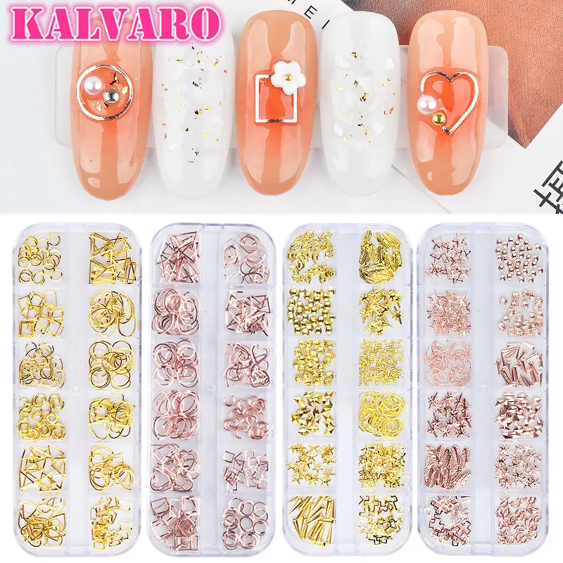 Kalvaro 12 ячеек/коробка для ногтей 3D DIY украшения для ногтей розовое золото аксессуары для маникюра пирсинг Золотое металлическое кольцо наклейки для ногтей
