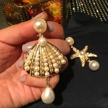 

2020 New Ocean Beach Fish Pearl Shell Starfish Woman Earrings Beach Exaggerated Tassel Pendant Earrings Stainless Steel Luxury
