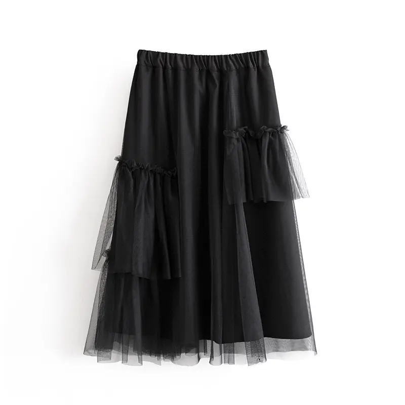 women fashion irregular mesh stitching black asymmetrical skirt autumn female chic casual stylish Skirts vestidos mujer QUN485