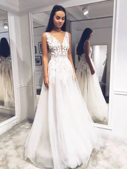 

Bohemian Women Bridal Dress Backless Sleeveless V Neck Wedding Gowns Fashion Beach White Wedding Dress Vestido De Noiva