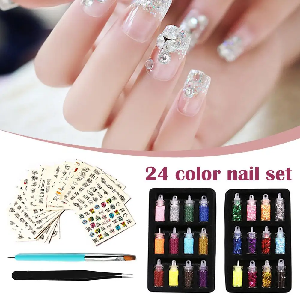 Nail Sequins Colorful Glitter Powder Sticker Manicure Nail Art Decals with Brush Tweezers for Women