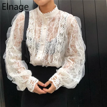 

Elnage Korean Retro Palace Style Lace Stitching Loose Pearl Button Long-sleeved Shirt Blouse Women Spring Tops Clothes 5A405