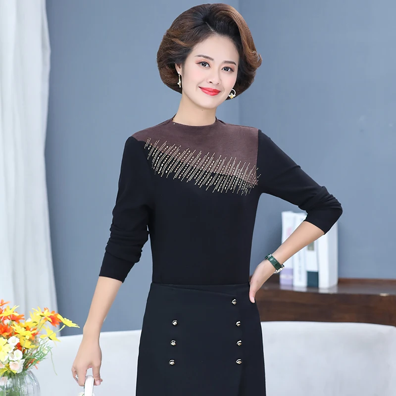 

Women Sequined Blouse Autumn Winter Basic Bottoming Top Mature Lady Green Coffee Black Slim Fit Long Sleeve Crew Neck Clothings