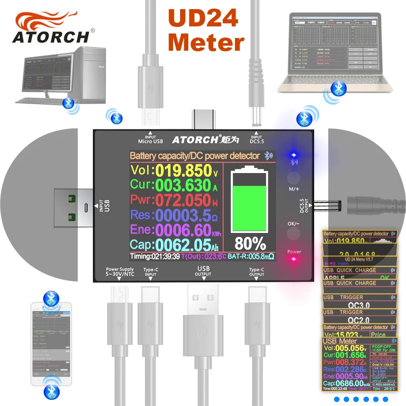 DC5.5 Type-C USB tester digital voltmeter ammeter power bank battery voltage detector volt  electric meter + DC adapter