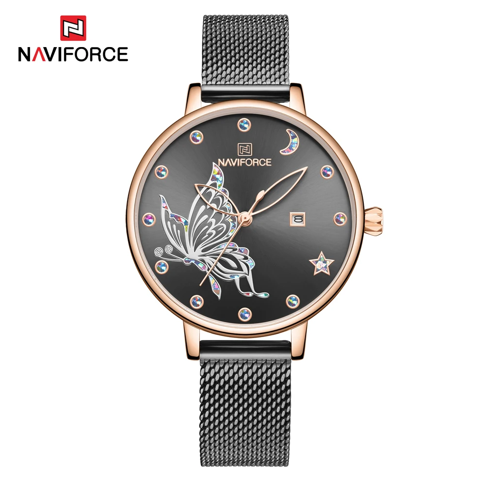 NAVIFORCE дизайн красивые часы с бабочками Дата кварцевые часы Женская мода браслет наручные часы женские часы подарок - Цвет: Black