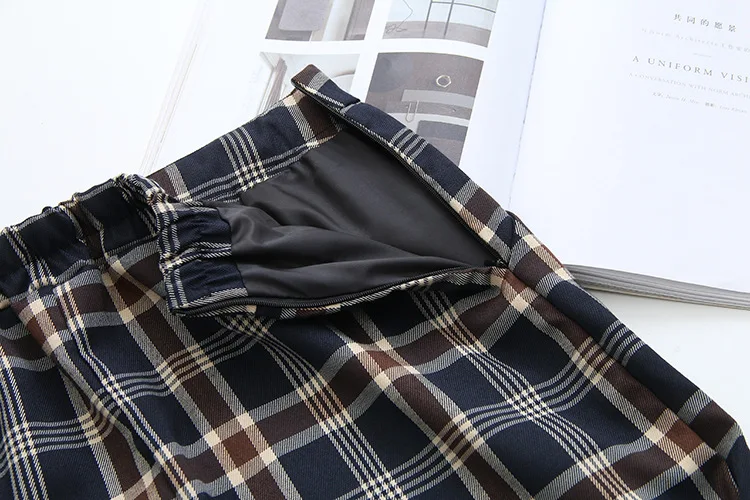 Blvyisla 4XL размера плюс, высокая талия, открытая кромка, клетчатая прямая юбка, женская зимняя средней длины, полосатая сетка, карман, официальные юбки