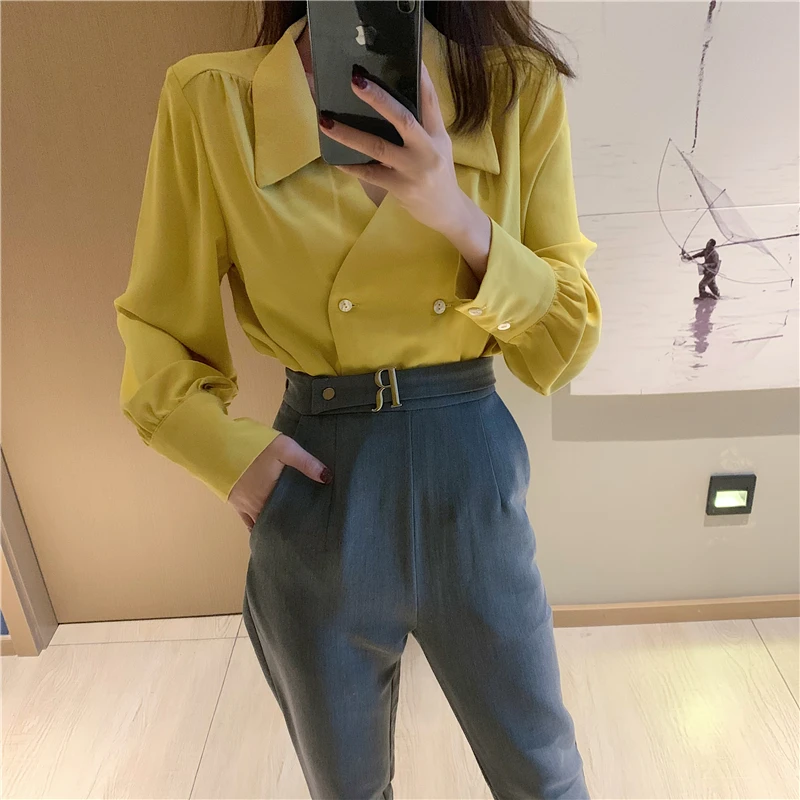 

Hot Elegant Simple Fresh Casual Solid Loose Spring Double Breasted Female Sweet Long Sleeves Chiffon Shirt 2 Colors