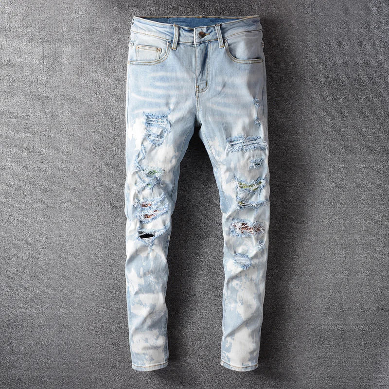 

High Street Fashion Men Jeans Light Blue Destroyed Ripped Jeans Men Slim Fit Punk Pants Patchwork Designer Hip Hop Jeans Homme