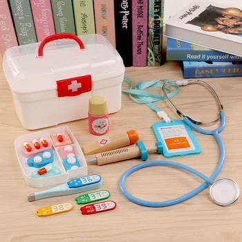 

16Pcs Children Pretend Play Toys Kids Wooden Kit Simulation Medicine Chest Set For Kids Interest Development Kits Red
