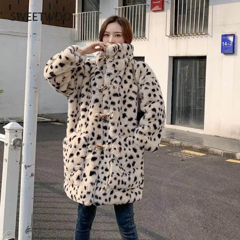 Plush Jacket Women Winter Long 2021 New Korean Version of Loose Lamb Wool Faux Fur Leopard Print Fur Coat Women Winter