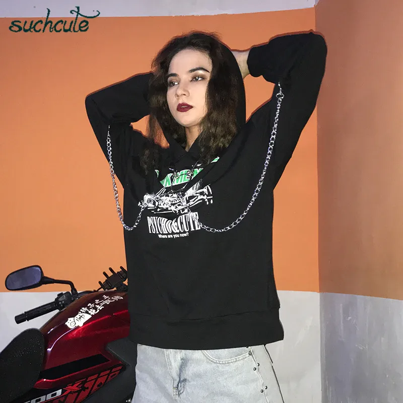 SUCHCUTE Metal Chian женские толстовки Kpop Black Modis Longslive уличная одежда осень готический плюс корейский стиль худи для женщин