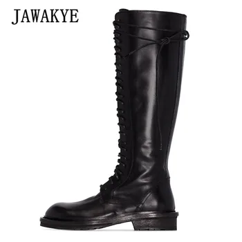 

Street Style Knee High Boots Woman Round Toe Thick Bottom Knight Boots Genuine Leather Lace Up Stovepipe Black Booties Femme