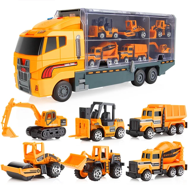 6PCS Truck Alloy Model Toys Car Diecast Container Truck Combination Engineering vehicles Educational Toy Kids Birthday Gift Yellow