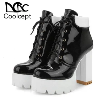 

Coolcept High Heels Ankle Boots For Women Casual Winter Warm Fur Lace Up Platform Shoes Women Thick Heel Footwear Size 33-43