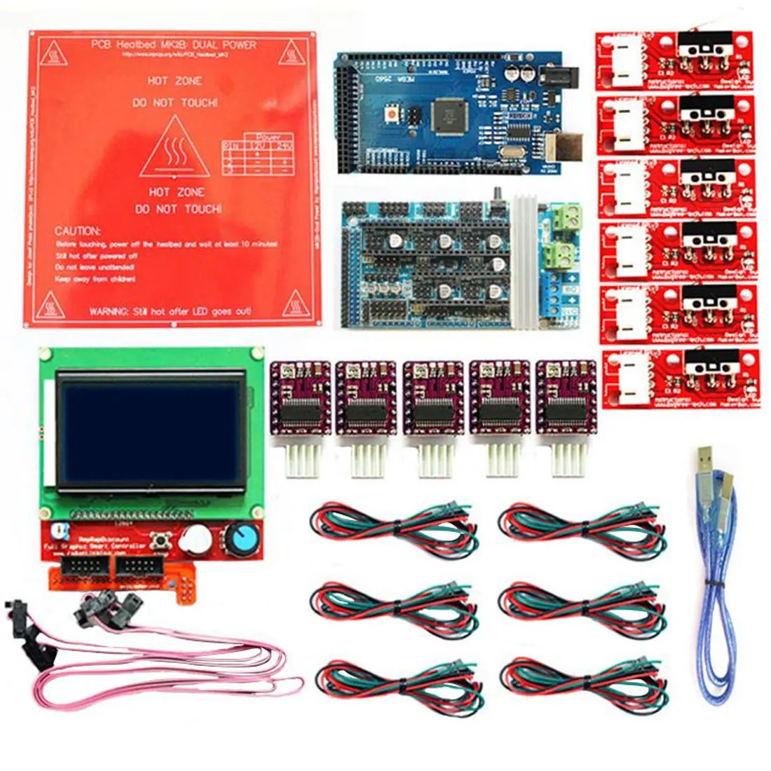 Детали 3D-принтера плата управления 1,6 комплект с МЕГА 2560 r3+ 12864 lcd Контролер+ DRV8825+ механический переключатель+ кабели+ MK2B
