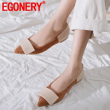 

EGONERY autumn new fashion women flats outside comfortable pointed toe mixed colors genuine leather women shoes drop shipping