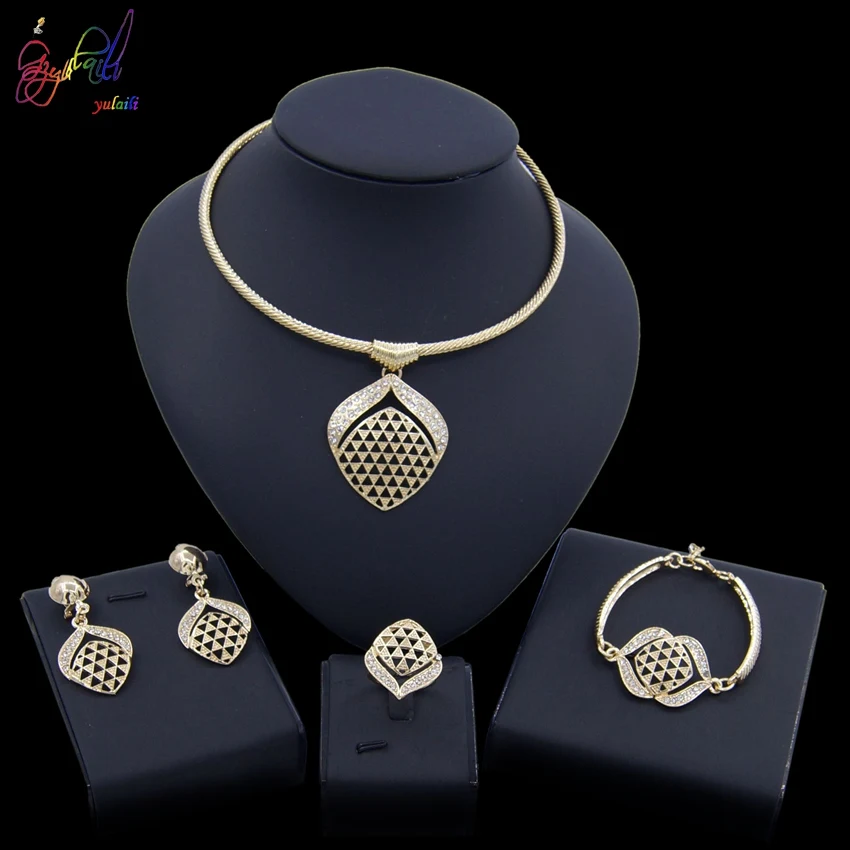 

Yulaili Luxury Crystal Geometric Triangular Gold-color Pendant Necklace Earrings Turkey Nigerian Wedding Bridal Jewelry Sets