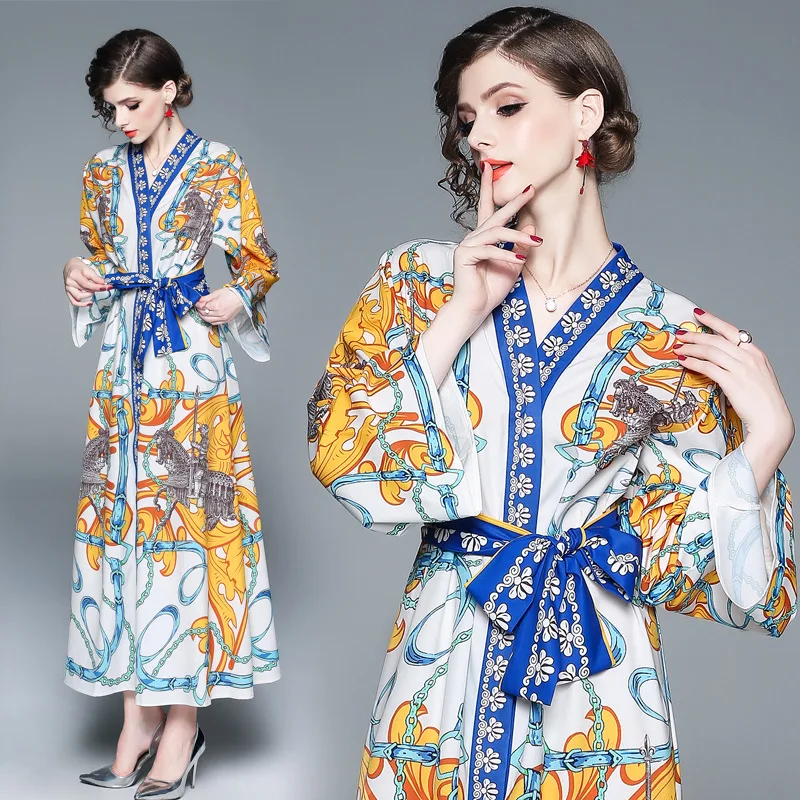 

Ozhouzhan 2018 Autumn And Winter New Style WOMEN'S Dress V-neck Palace Printed Loose-Fit Lace-up Dress Nightgown Skirt Hot Selli