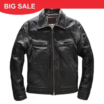

2020 Vintage Black Men Casual Leather Jacket Plus Size XXXXL Genuine Cowhide Spring American Style Slim Fit Leather Coat
