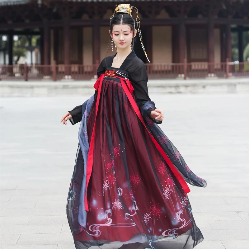 Женское платье Hanfu китайские черные и красные платья для выступлений сценические