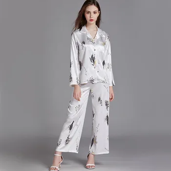

White Print Barley Female 2PCS Pajamas Set Sexy Turn-down Collar Pyjamas Rayon Sleepwear Spring Summer Casual Homewear