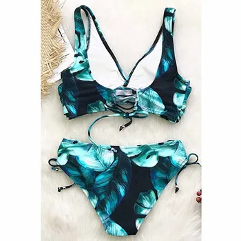 

Women's Push Up Bikinis Simple Floral Front Cross Lace Up Bikini Fashion Bathing Suit Brazilian Biquini Bathing Suit Swim Wear