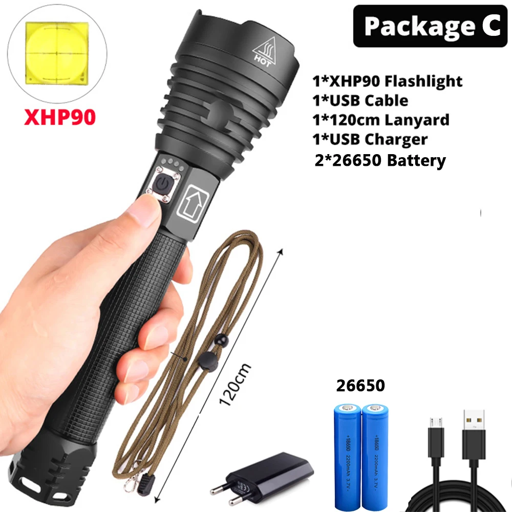 package C Самый мощный XHP90 светодиодный фонарик XLamp Zoom Torch XHP70.2 USB Перезаряжаемый тактический фонарь 18650 или 26650 Кемпинг Охота лампа - Испускаемый цвет: package C