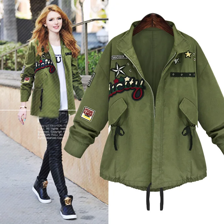 Ozhouzhan WOMEN'S Dress Autumn New Style Large Size Trench Coat Versatile Loose-Fit Applique Zipper Cardigan Coat