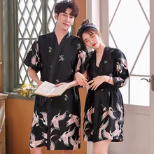 Vintage Chinese Couple Satin Kimono Robe Lovers Print Bride Bridegroom Wedding Gown Women Bathrobe Sleepwear Home Clothes
