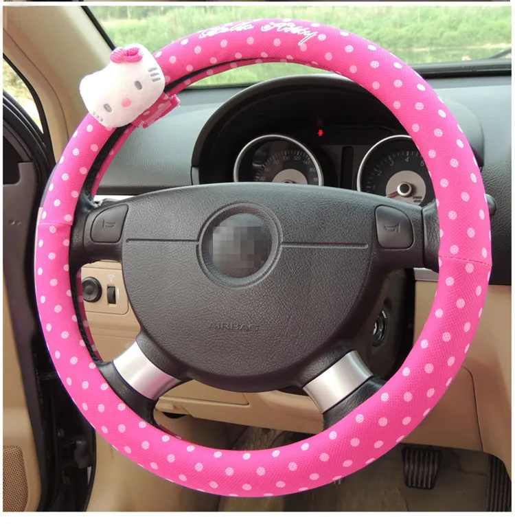 Автомобильные аксессуары мультфильм розовый hello kitty Руль крышка натуральный каучук здоровый дышащий Универсальный 38 см для женщин и девочек - Название цвета: Rose