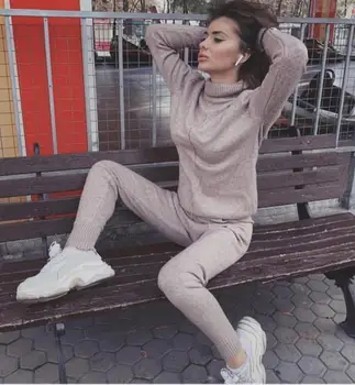 

2020 New Women Casual Two Piece Sweater Outfit Turtleneck Sweater Knitted Pullover and Knitted Pants 2 Piece Autumn Winter Suits