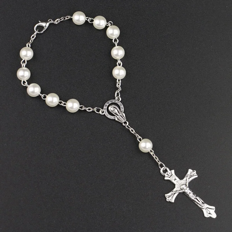 FashionChristianCatholicPearlBeadsRosaryBraceletINRIJesusCrossPendantBracelets