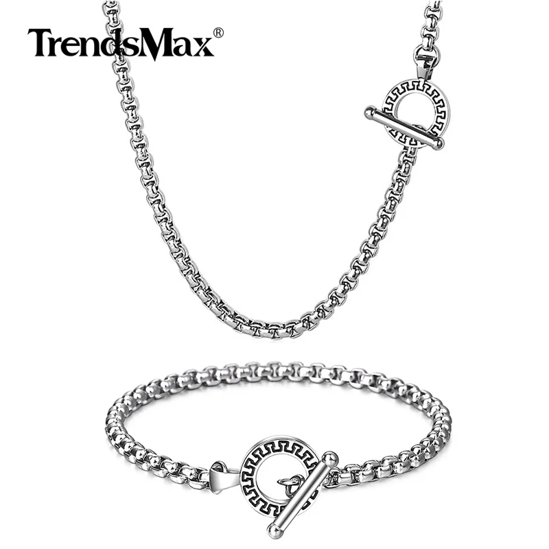 Trendsmax Ювелирные наборы ожерелье браслет серебряный цвет коробка звено нержавеющая сталь цепь для мужские вечерние ювелирные изделия подарок - Окраска металла: width 4mm