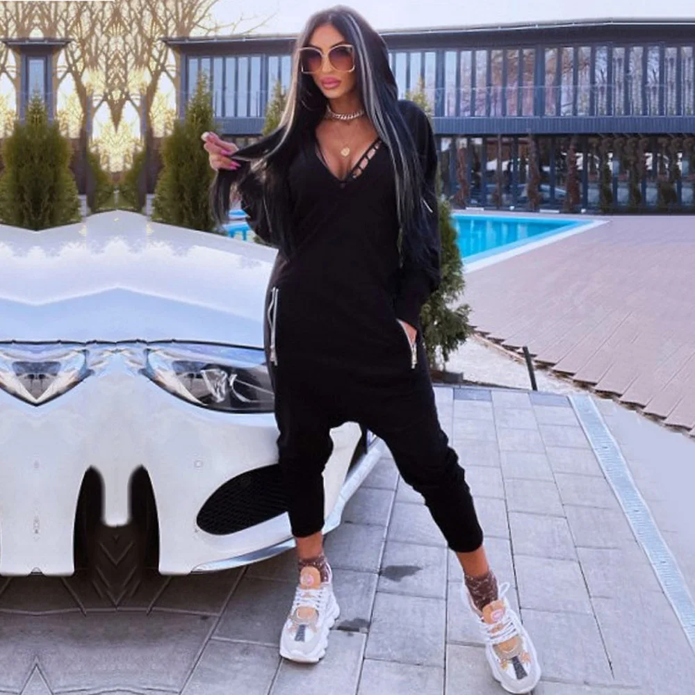 Krismile V-Neck Hollow Hooded Pocket Long Sleeve Athletic Jumpsuit Fashion High Street Solid Color Jumpsuits For Women Sexy