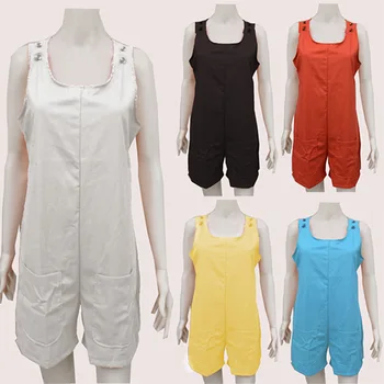 

Summer New Women's Pocket Button Cotton Jumpsuit solid color fashion Sleeveless clothing round neck lounge wear streetwear