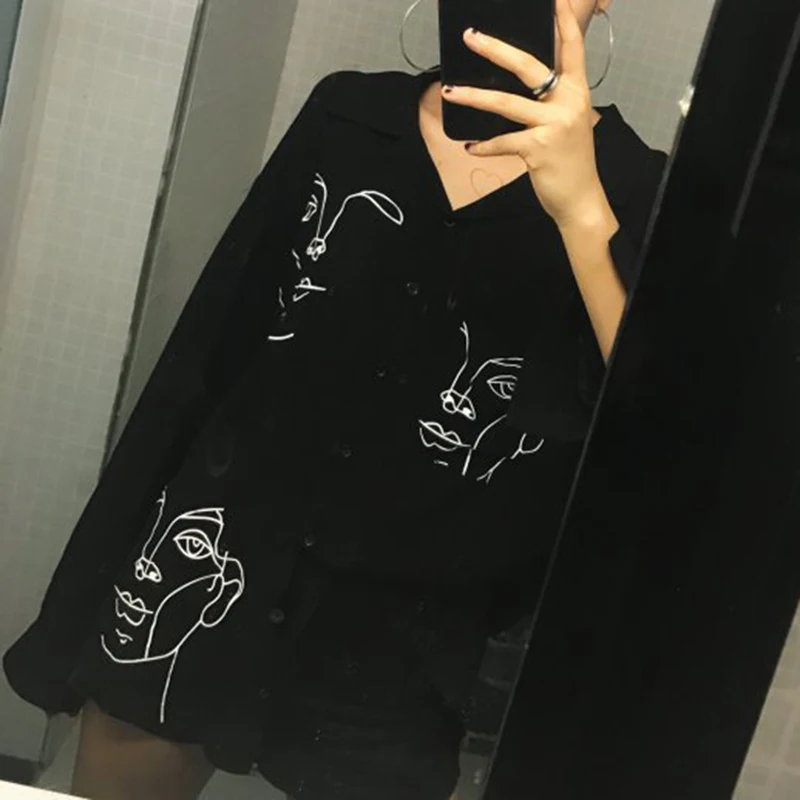 

Men Women Shirts Tops Lapel Long Sleeve Cartoon Loose Casual Summer Plus Size
