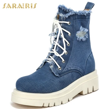 

Sarairis 2020 New Arrivals Cool Denim Boots Woman Shoes Shoelaces Platform Skidproof Chic Office Work Luxury Booties Ladies