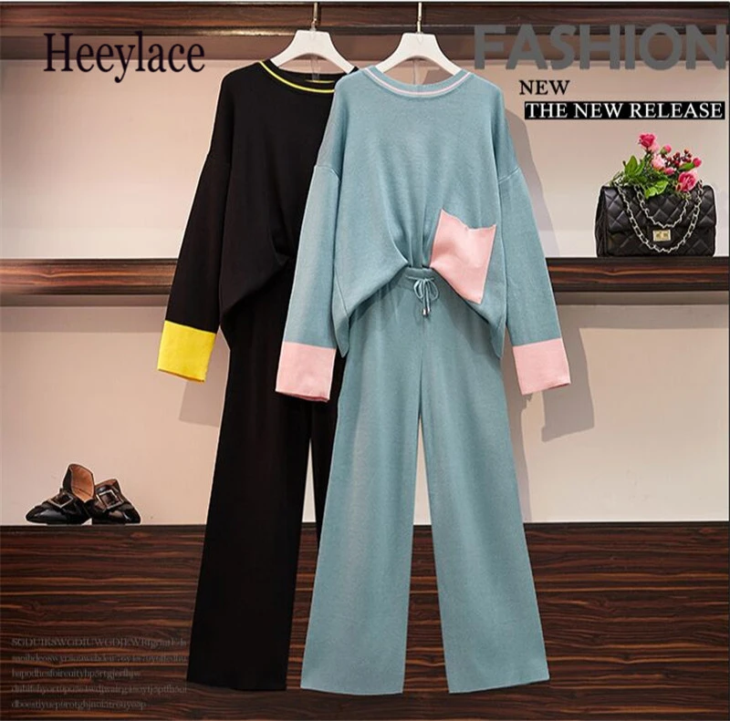 

Plus Size Knitted Patchwork Pockets Long Sleeve Loose Jumper Sweaters Tops+Elastic High Waist Knit Pants Women Autumn 2PCS Sets
