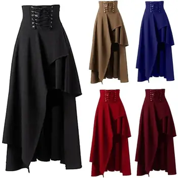 

Steampunk Vintage Women Solid Color Lace Up High Waist Irregular Maxi Skirt
