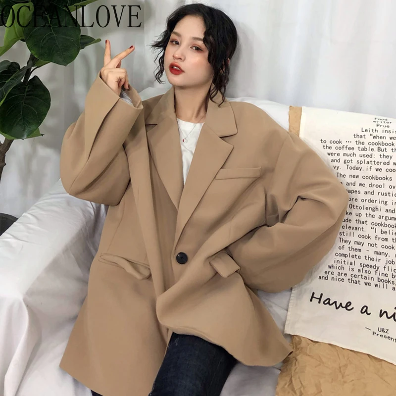 

OCEANLOVE Harajuku Solid Autumn Long Blazer Single Button BF Style Vintage Casual 2019 Blazer Feminino Fashion Outwear 12750