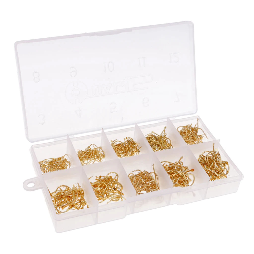 500pcs/set Sharp Fishing Hooks Barbed Hooks Gold Fishhooks 3-12# with Box Super Sharp and Durable Fishhooks
