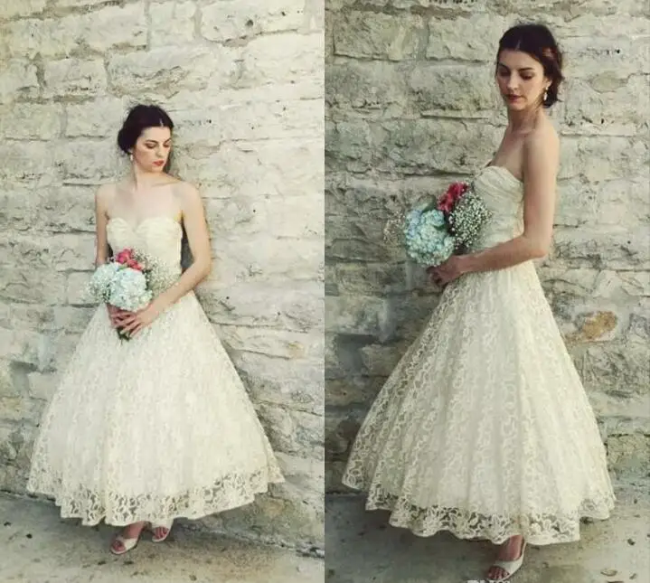 

Vintage Lace Tea Length Wedding Dresses 2019 Cheap Sweetheart Back Simple Bridal Gown Custom vestido de noiva robe de mariee